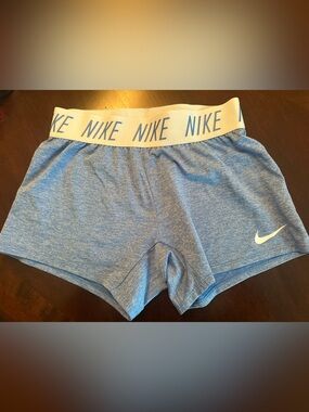Nike Girls' Heather Blue Athletic Shorts with White Logo Waistband